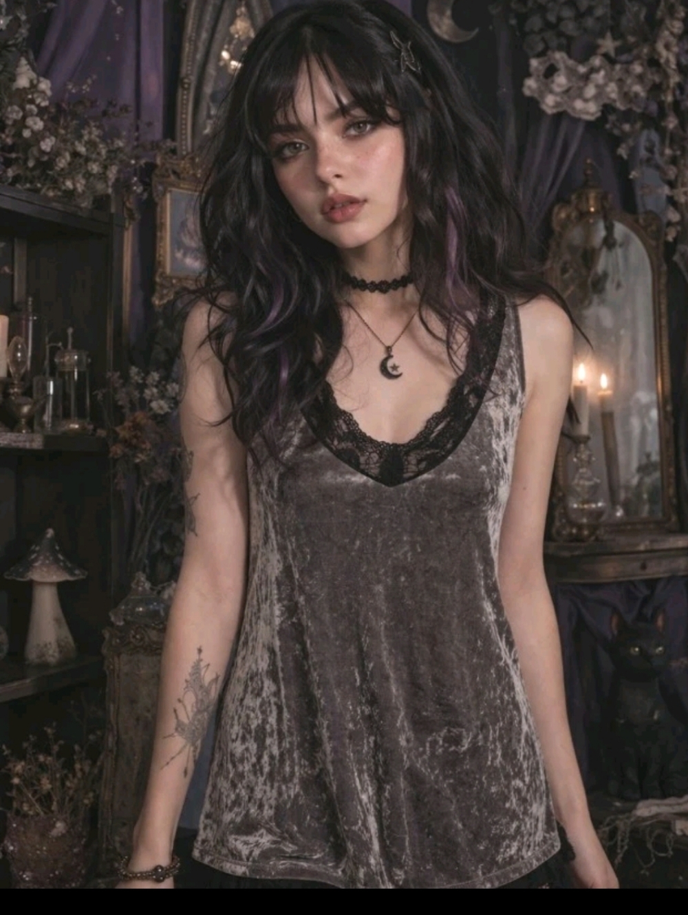 Falls Creek Whimsigoth Velvet Lace Trim Cami Tank Top M Gray #30